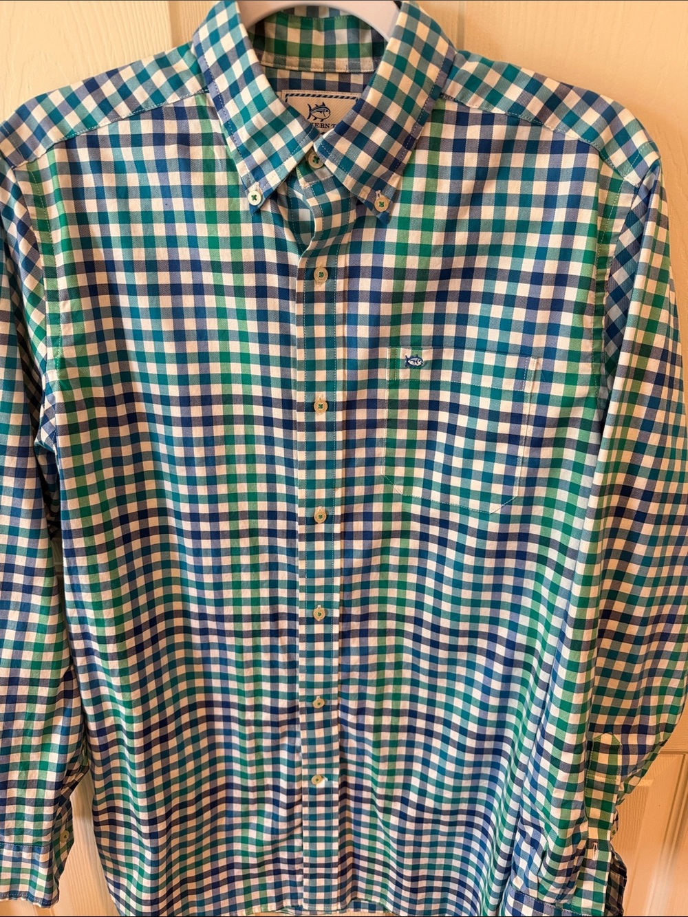 Southern Tide Classic Fit Blue and Green Gingham Button-Down Shirt Sz S.